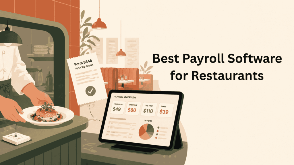 Flat illustration of a restaurant pass-through window with a chef plating food and a POS tablet showing payroll dashboard pricing, with a Form 8846 FICA tip credit receipt floating between them.