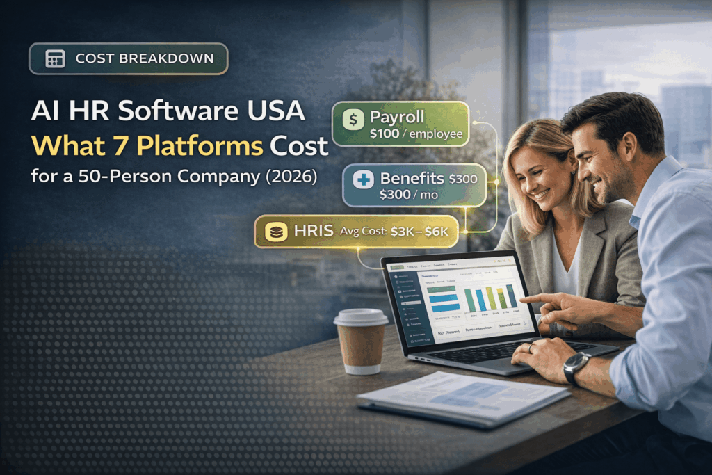 AI HR software cost breakdown for a 50-person company in the USA showing payroll, benefits, and HRIS pricing