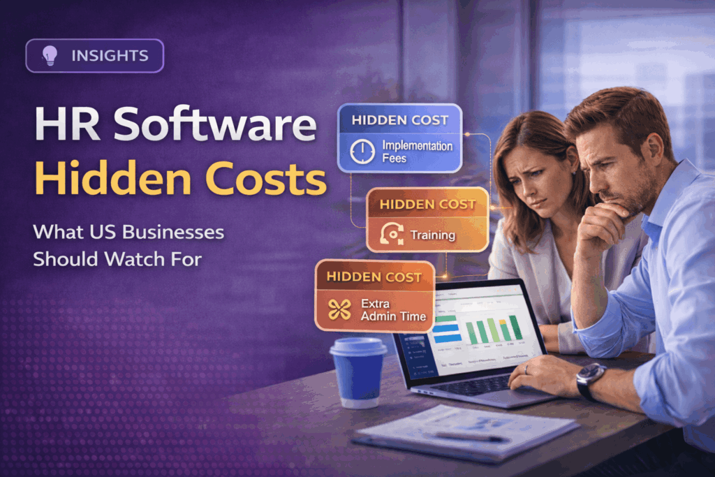 Bar chart showing HR software year-one costs for a 50-person company — $7,200 quoted vs $18,000-$31,200 actual after payroll, SSO, implementation, and time-tracking add-ons