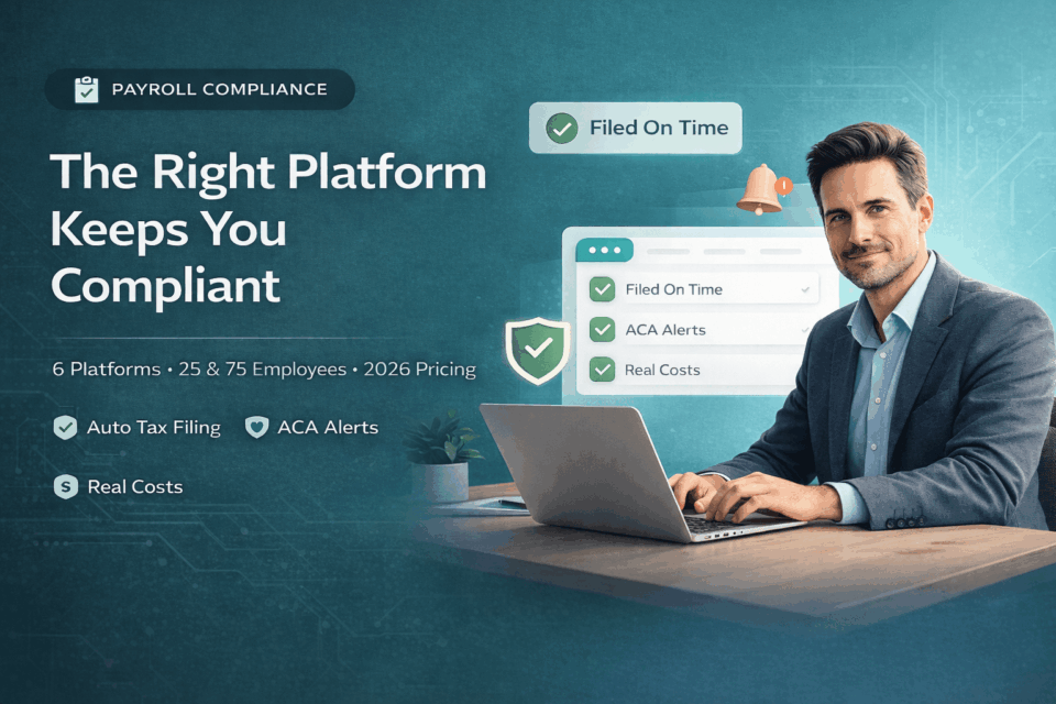 Payroll compliance software comparison for US businesses showing 6 platforms tested for automated tax filing, ACA threshold alerts, and multi-state coverage