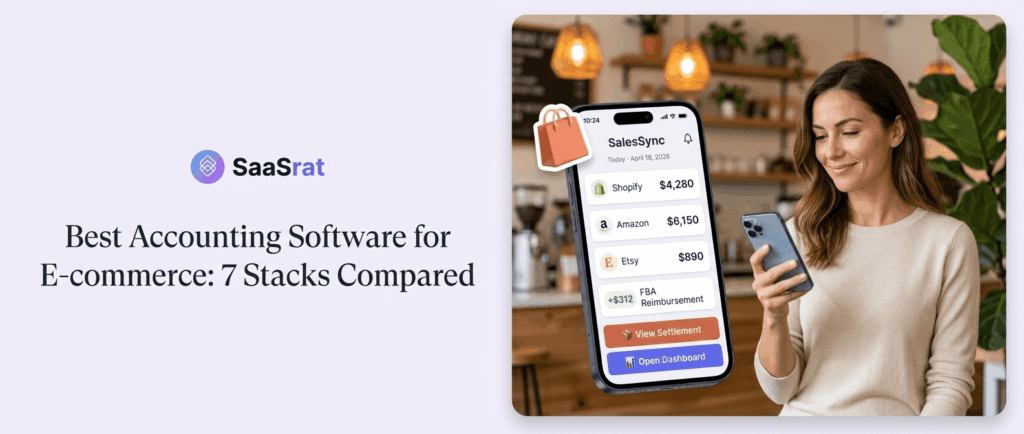 Best Accounting Software for E-commerce sellers comparison 2026: smartphone showing Shopify $4,280, Amazon $6,150, Etsy $890 sales with FBA reimbursement notification