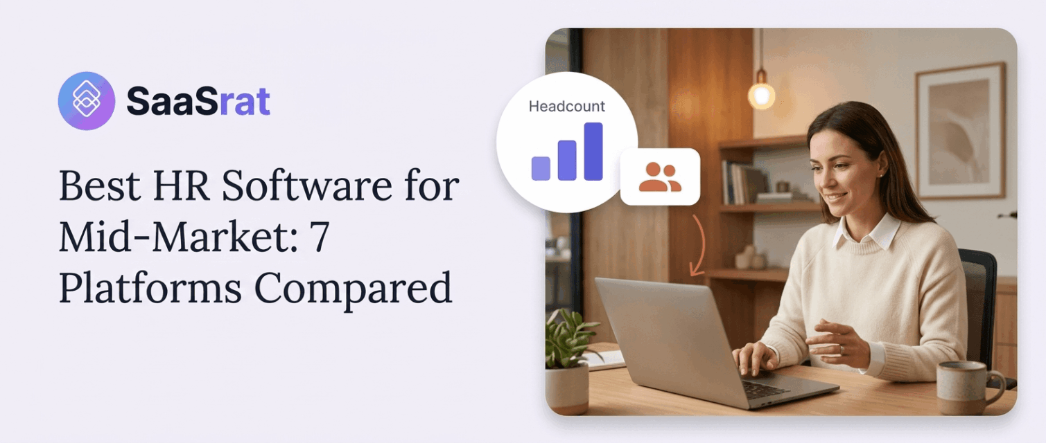 Best HR Software for Mid-Market: 7 platforms compared — HR director reviewing PEPM comparison and headcount analytics on laptop