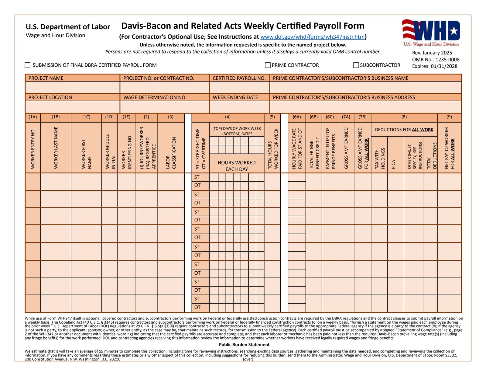DOL Form WH-347 Davis-Bacon and Related Acts Weekly Certified Payroll Form, January 2025 revision, expires January 2028