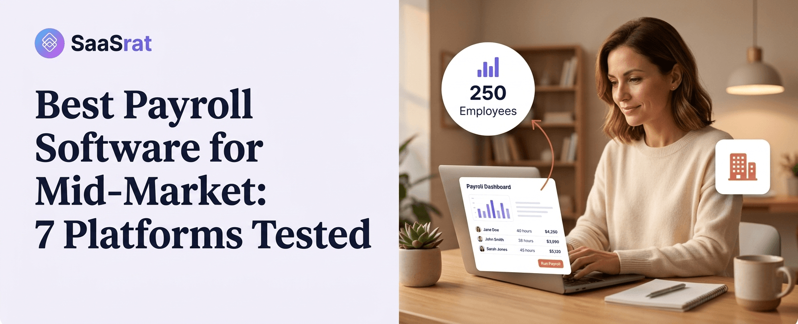 SaaSRat banner image for the best payroll software for mid-market comparison guide showing a mid-market HR director reviewing a 250-employee payroll dashboard with PEPM pricing and multi-state compliance badges