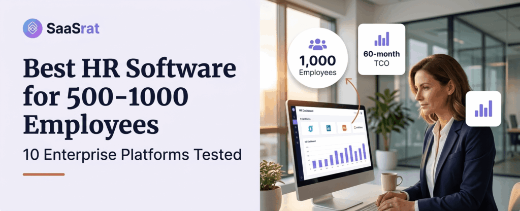 Best HR Software for 500-1000 Employees 2026 SaaSRat comparison of 10 enterprise HCM platforms with real pricing, 60-month TCO, and implementation timelines for enterprise-lite buyers